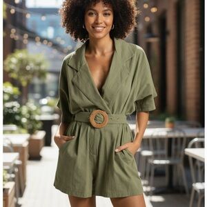 Showpo. Thaisa Playsuit - Short Sleeve Collared Belted Playsuit in Khaki, NWT